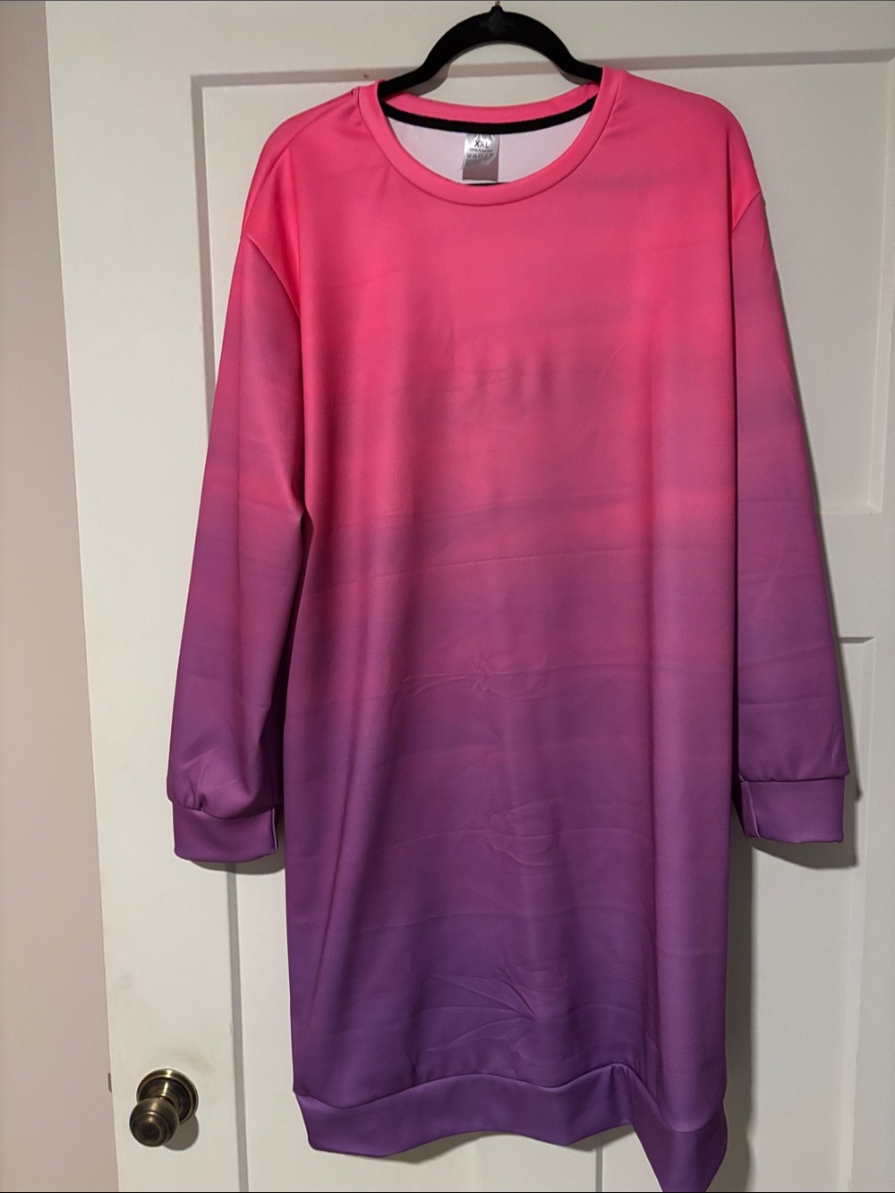 Ombré Pink to Purple Long Sleeve Shift Dress Banded Sleeves and Hem